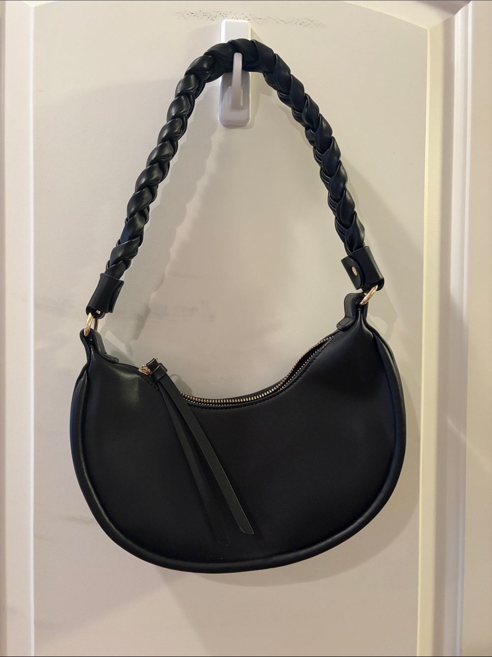 Black Braided-Handle Crescent Shoulder Bag